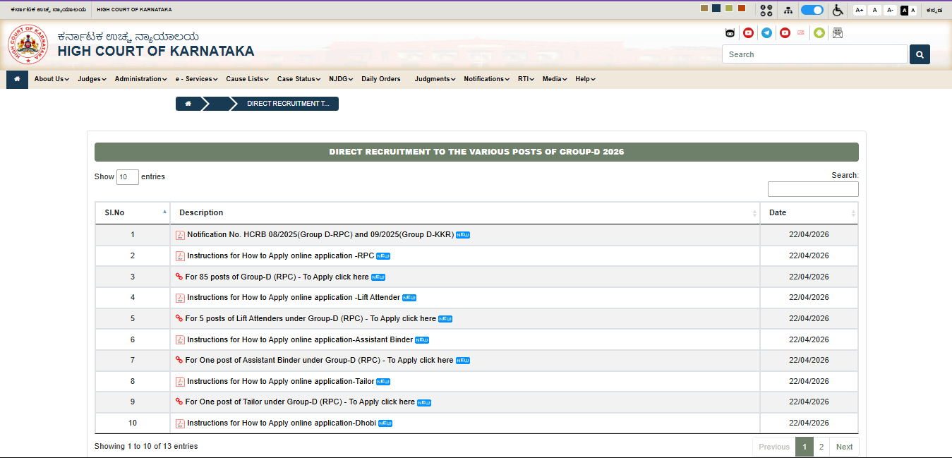 Karnataka High Court Group D Recruitment 2026