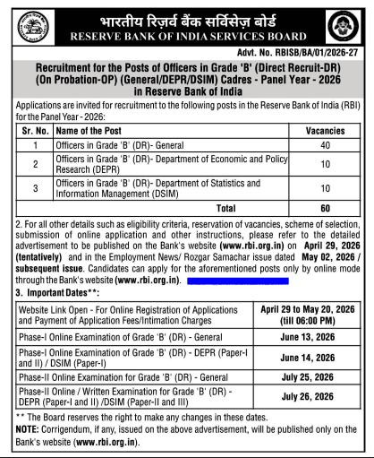 Reserve Bank of India (RBI) Grade B Recruitment 2026