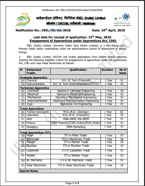 IREL OSCOM Unit Apprentice Recruitment 2026