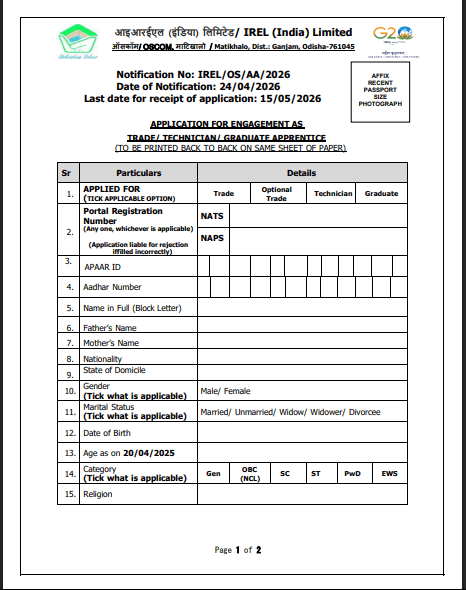 IREL OSCOM Unit Apprentice Recruitment 2026