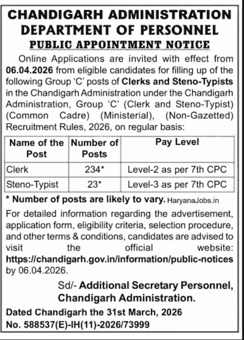 Chandigarh Clerk & Steno Typist Recruitment 2026