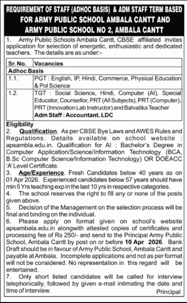 Army Public School Ambala Recruitment 2026