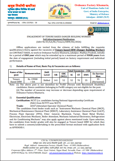 Ordnance Factory Khamaria Tenure Based DBW Recruitment 2026