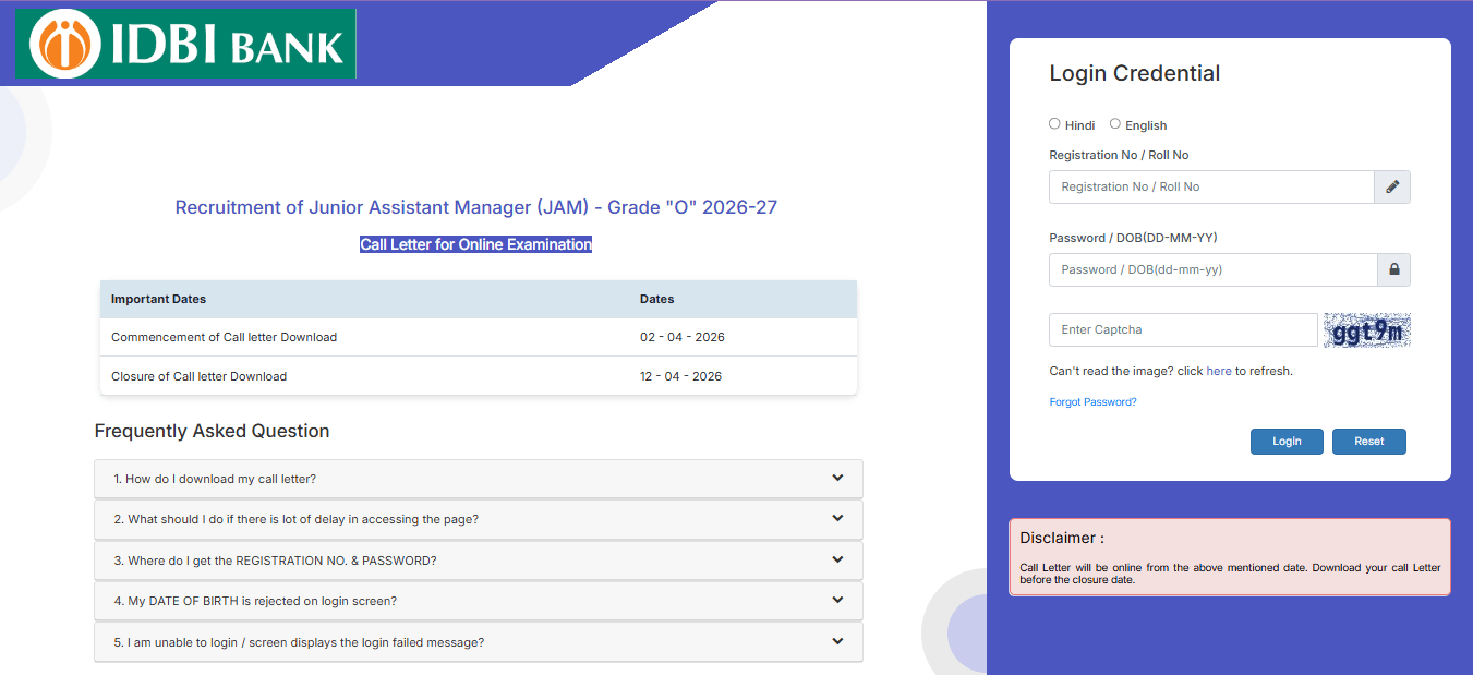 IDBI Bank Junior Assistant Manager (JAM) Admit Card 2026