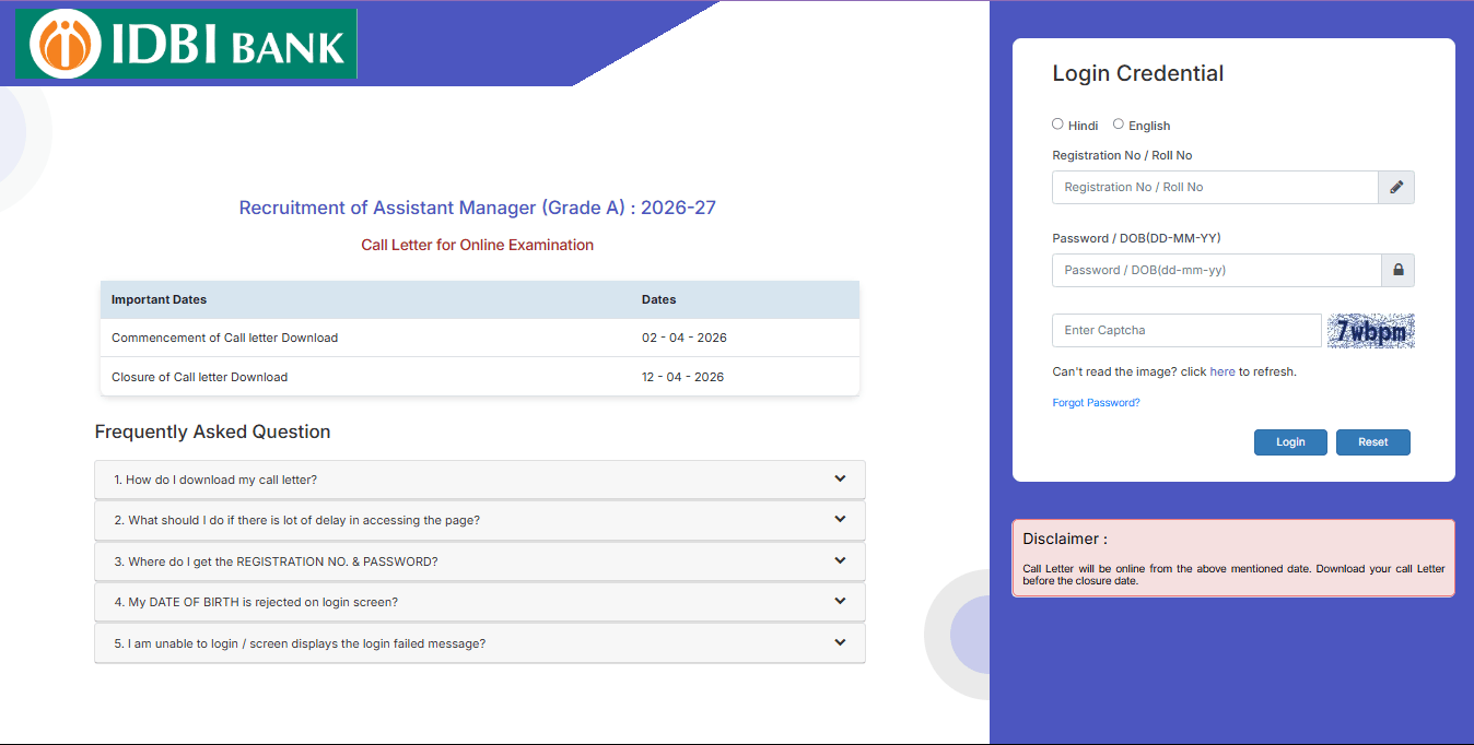 IDBI Bank Assistant Mananger Admit Card 2026
