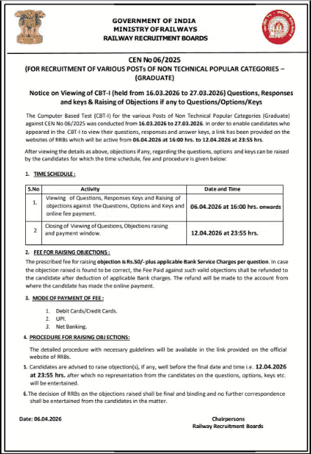 RRB NTPC Graduate Level Answer Key 06/2025
