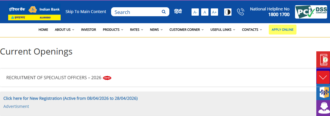 Indian Bank Specialist Officer (SO) Recruitment 2026