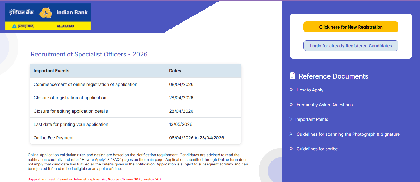 Indian Bank Specialist Officer (SO) Recruitment 2026