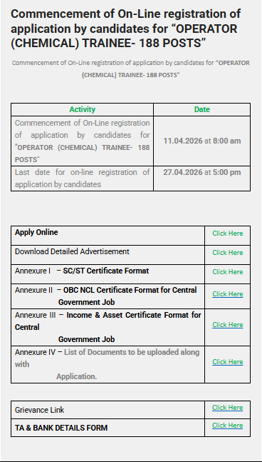 RCFL Operator Chemical Trainee Recruitment 2026