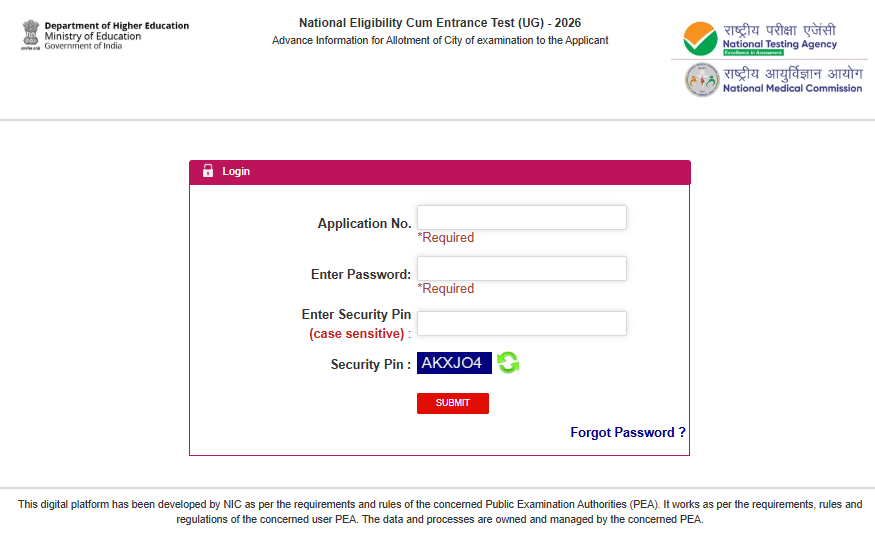 NTA NEET UG Exam City Slip 2026
