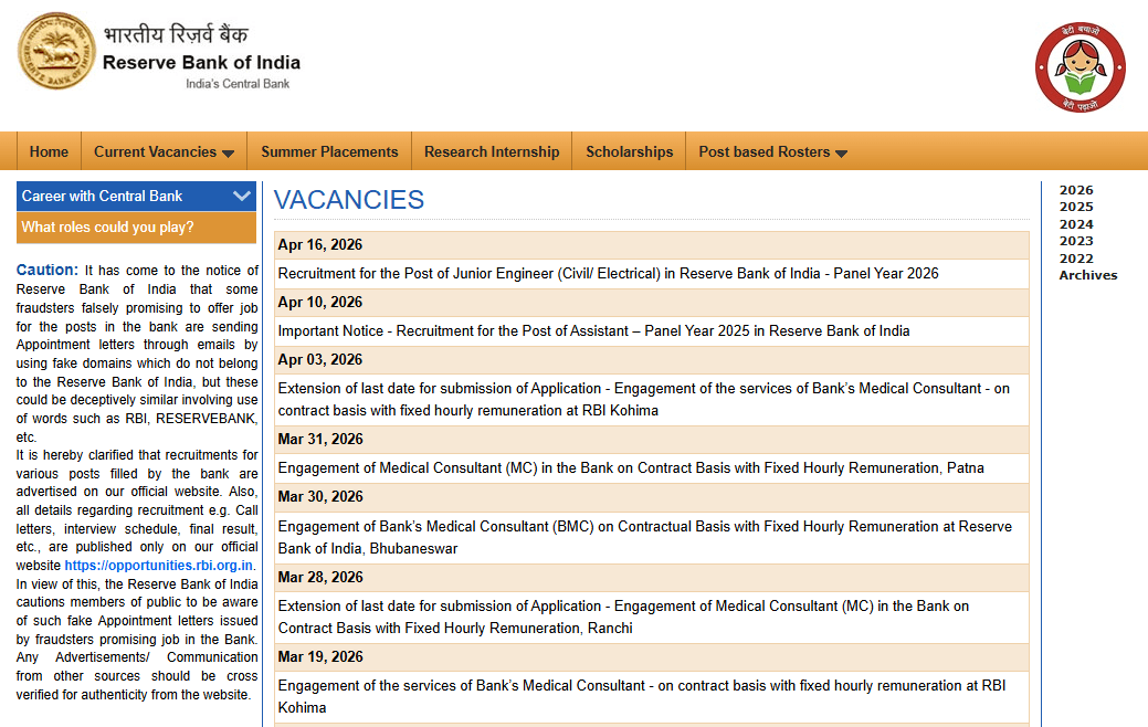 Reserve Bank of India( RBI) JE Recruitment 2026