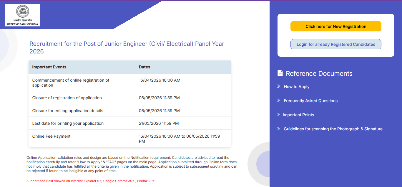 Reserve Bank of India( RBI) JE Recruitment 2026