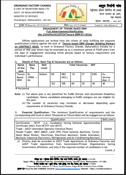 Ordnance Factory Chanda Tenure Based DBW Recruitment 2026