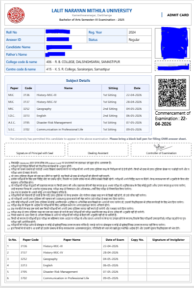 LNMU UG Semester 3 Admit Card 2024-28