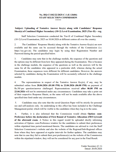 SSC CHSL Tier ll 2025 Answer Key 2026