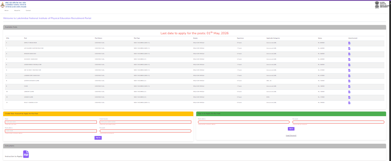 LNIPE Non Teaching Recruitment 2026
