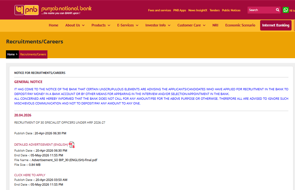 PNB SO Engineer Recruitment 2026