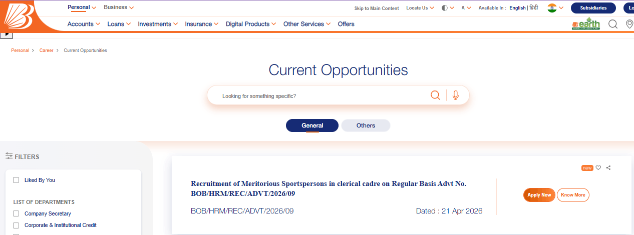 Bank of Baroda Sports Quota Clerk Recruitment 2026