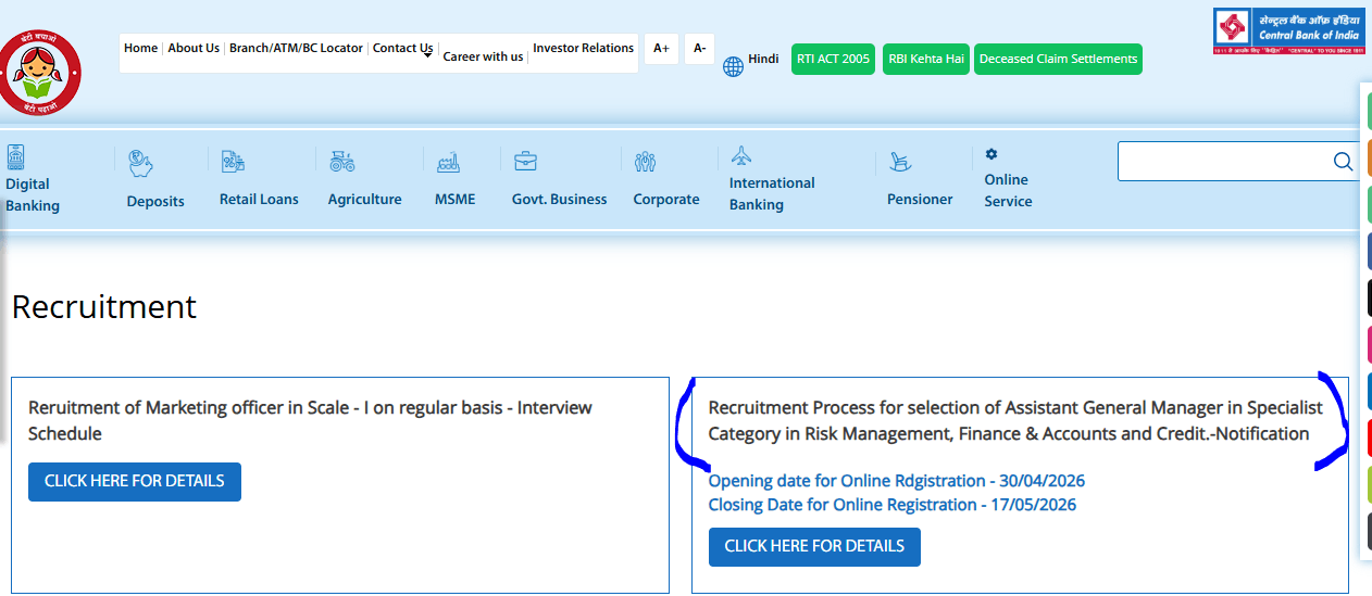 Central Bank of India AGM Recruitment 2026