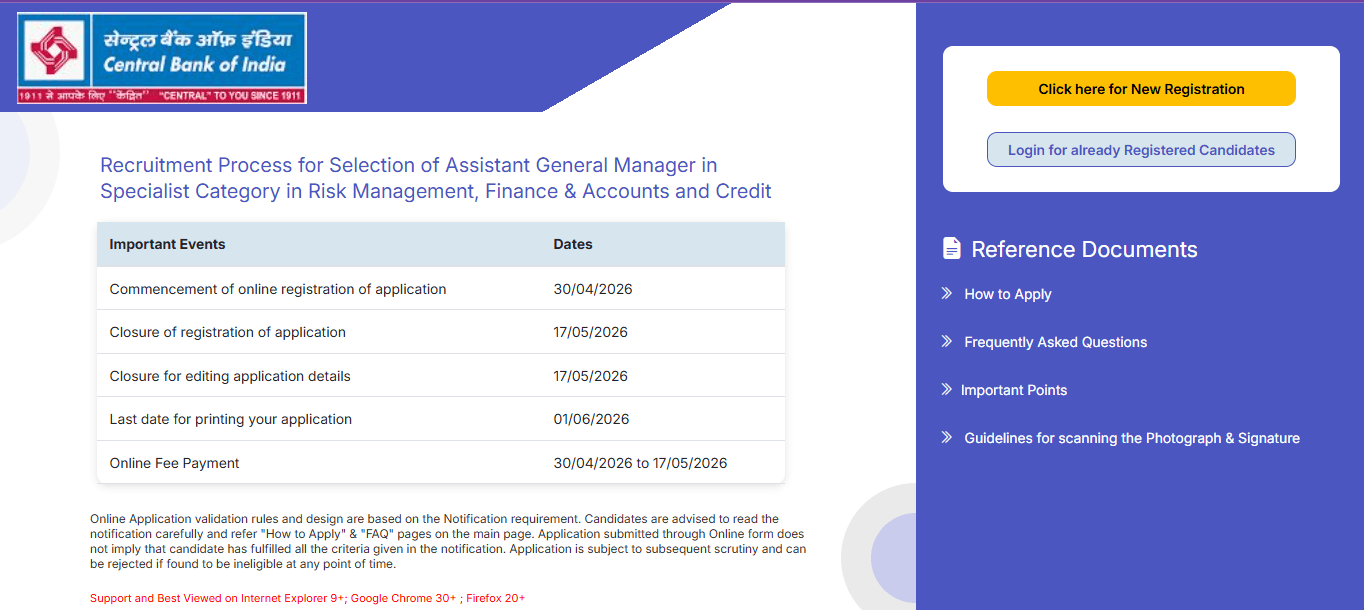 Central Bank of India AGM Recruitment 2026