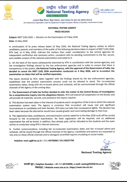NTA NEET UG 2026 Exam Cancelled