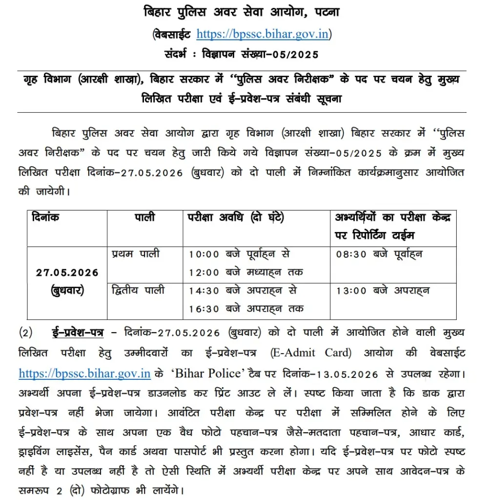 Bihar Police SI Mains Admit Card 2026
