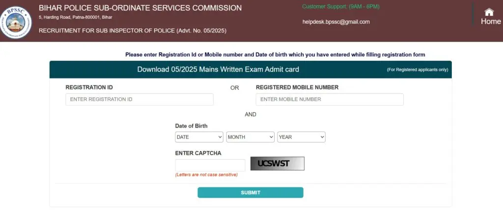Bihar Police SI Mains Admit Card 2026