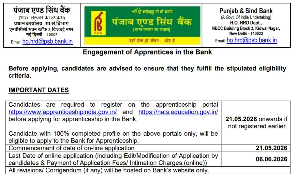 Punjab and Sind Bank Apprentice Recruitment 2026