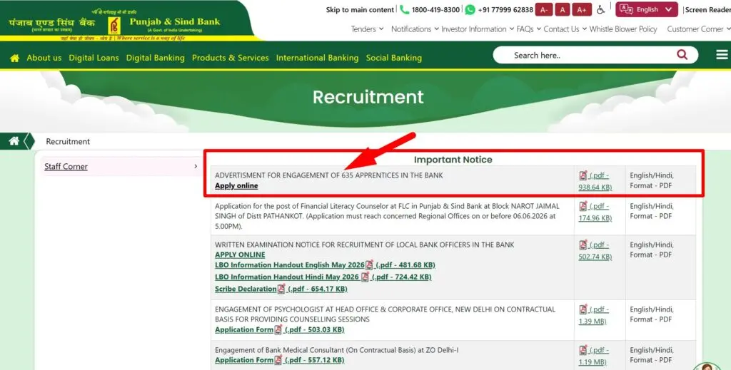 Punjab & Sind Bank Apprentice Recruitment 2026