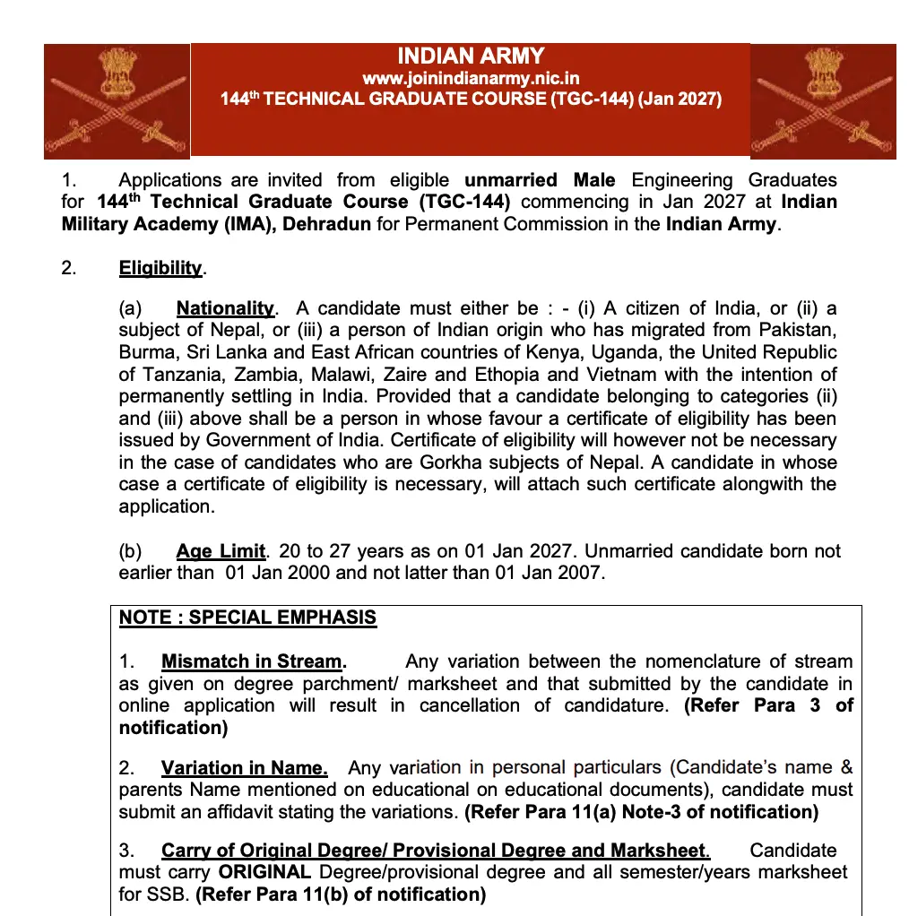 Indian Army TGC 144 Entry Recruitment 2026