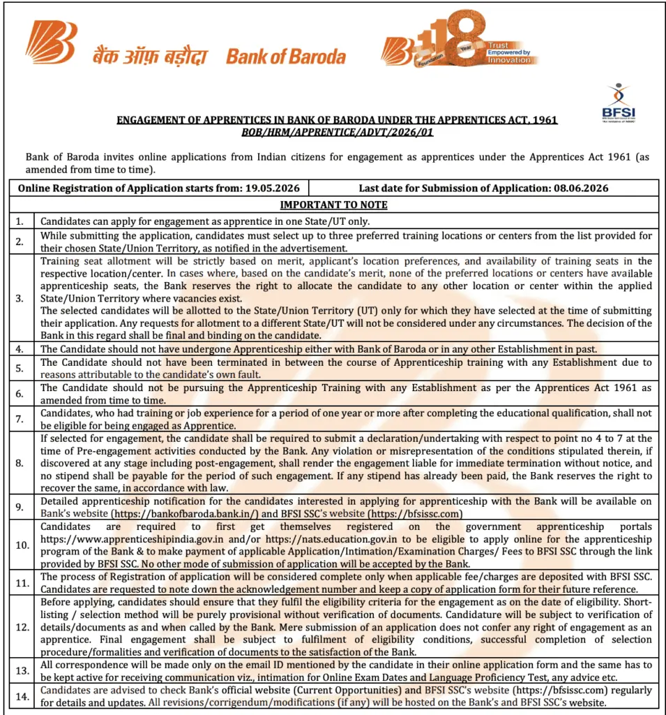 Bank of Baroda Apprentice Notification 2026