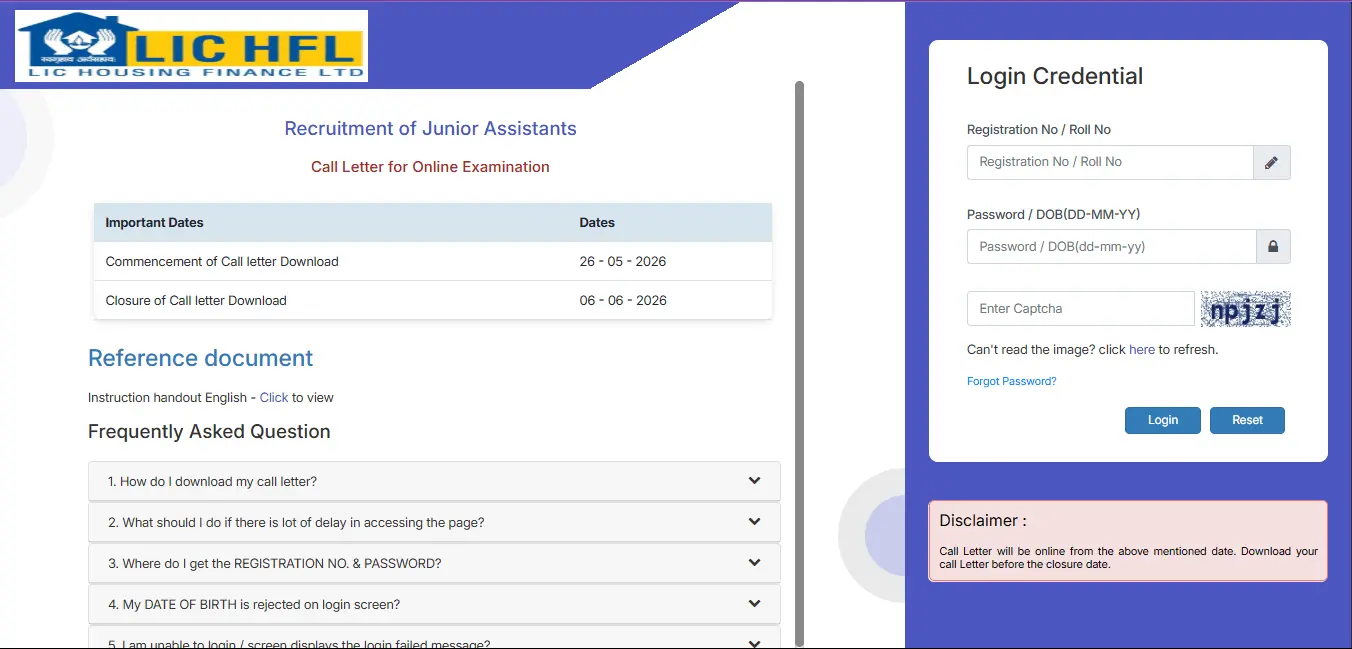 LIC HFL Junior Assistant Admit Card 2026