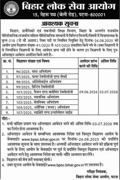 BPSC HOD Various Post Recruitment 2026 (Re-Open)