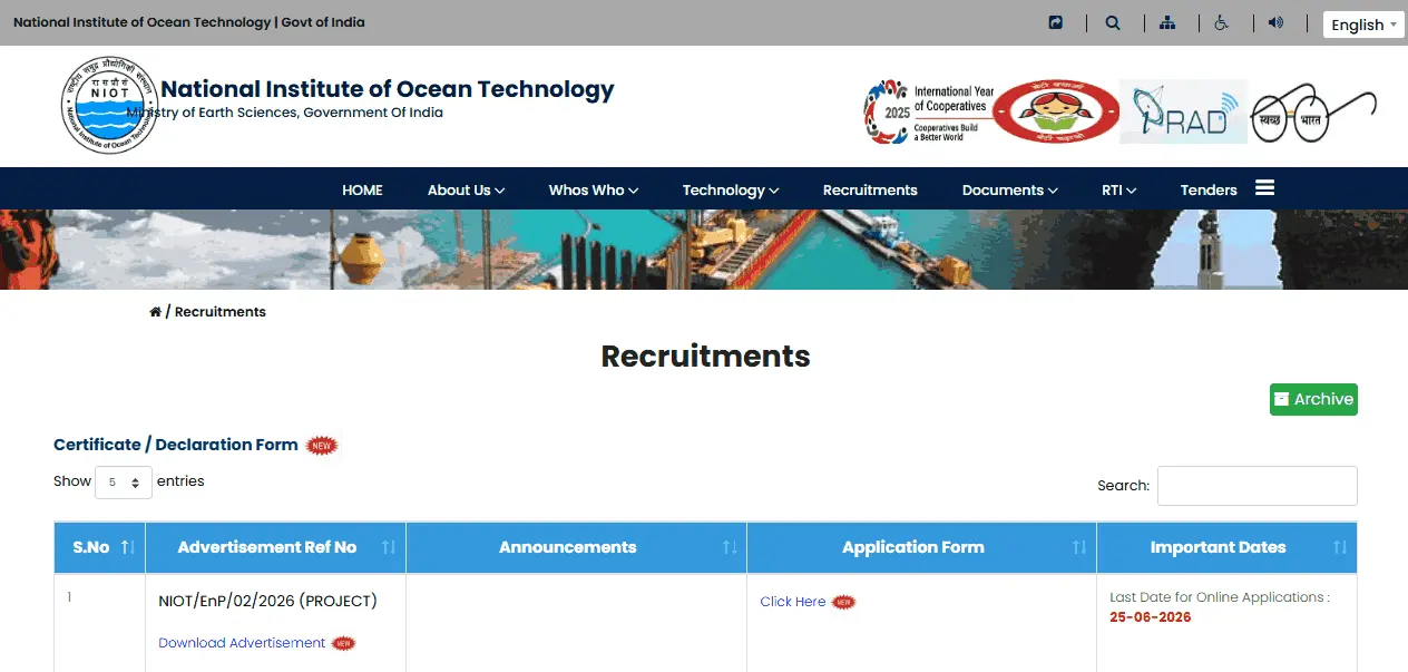 NIOT Various Posts Recruitment 2026