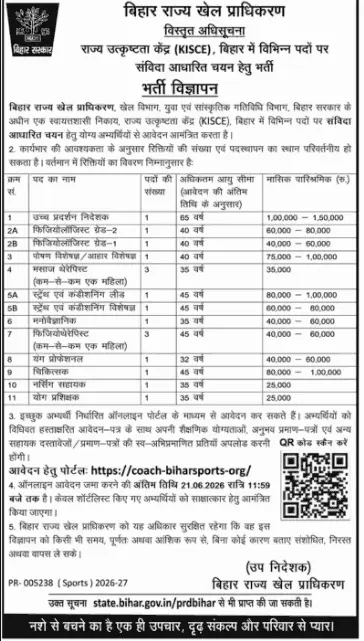 Bihar Rajya Khel Pradhikaran Bharti 2026
