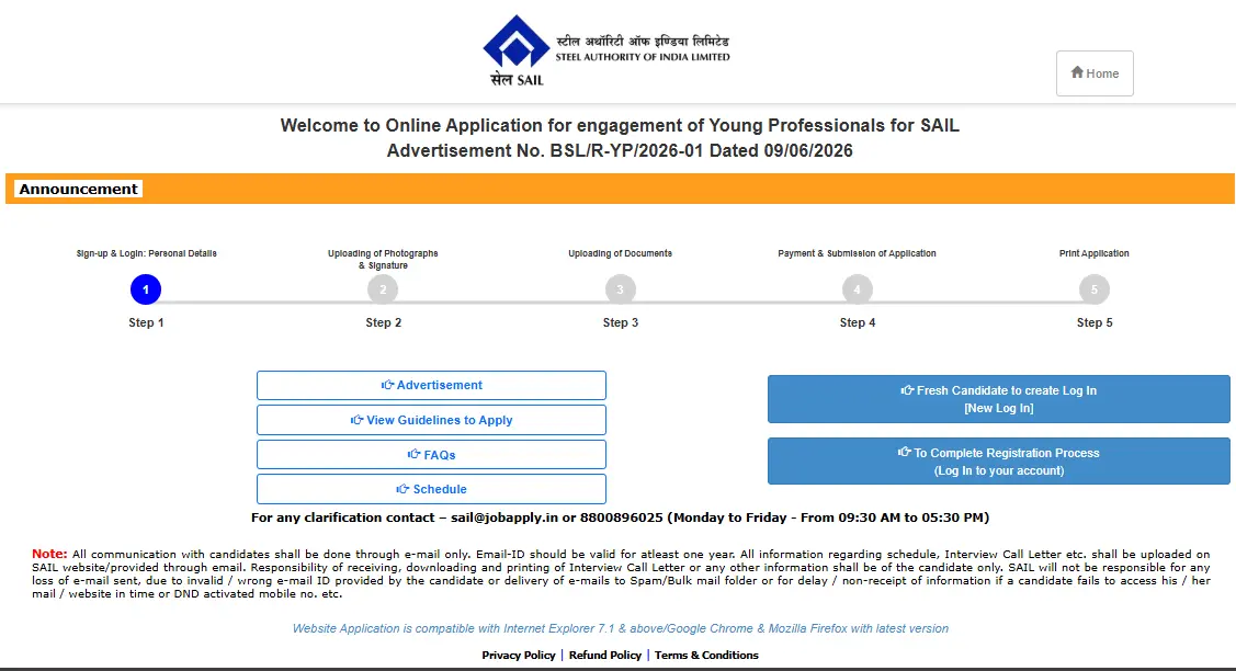 SAIL BSL Young Professional Recruitment 2026