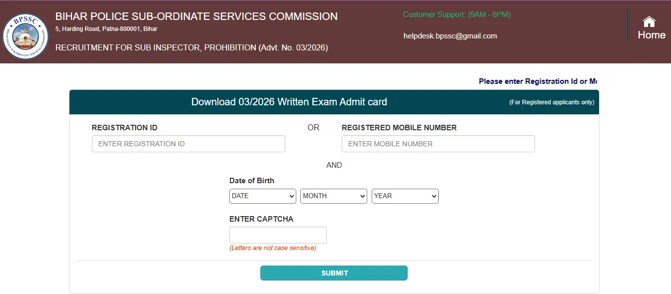 Bihar Police SI Prohibition Admit Card 2026