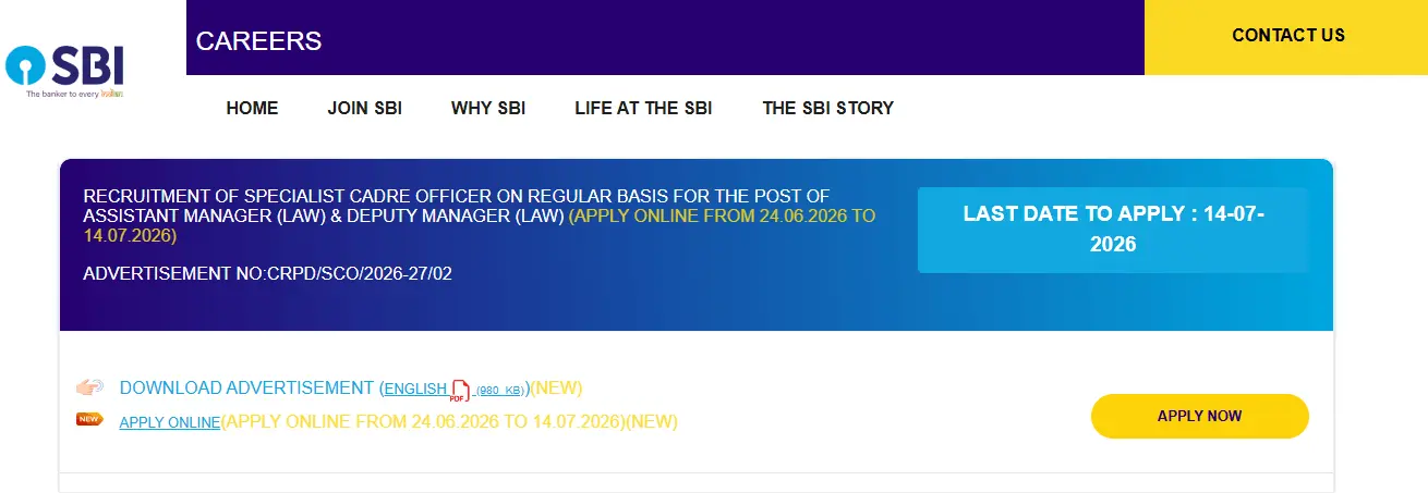 SBI SCO Law Recruitment 2026