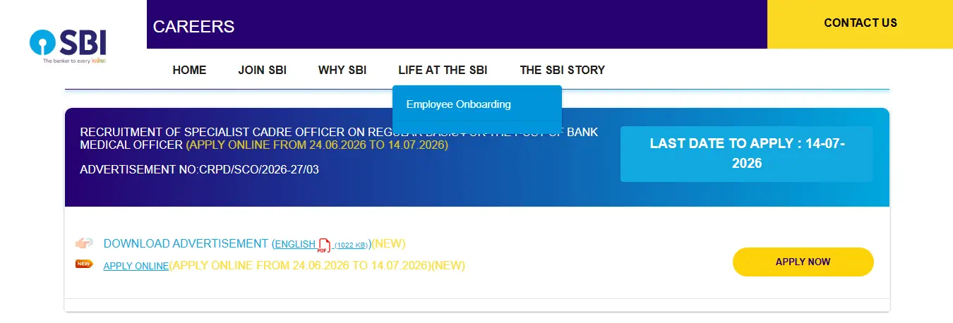 SBI Bank Medical Officer Recruitment 2026