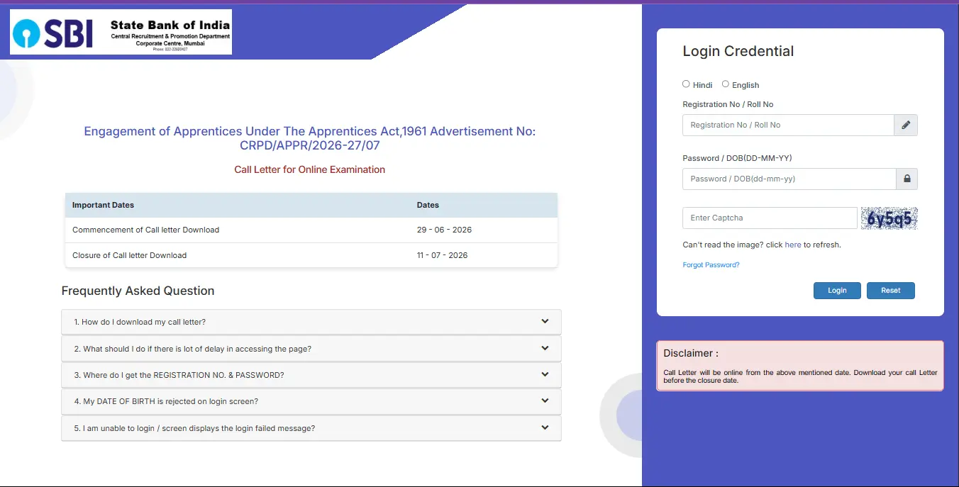 SBI Apprentice Admit Card 2026