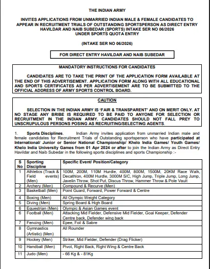Indian Army Sports Quota Recruitment 2026