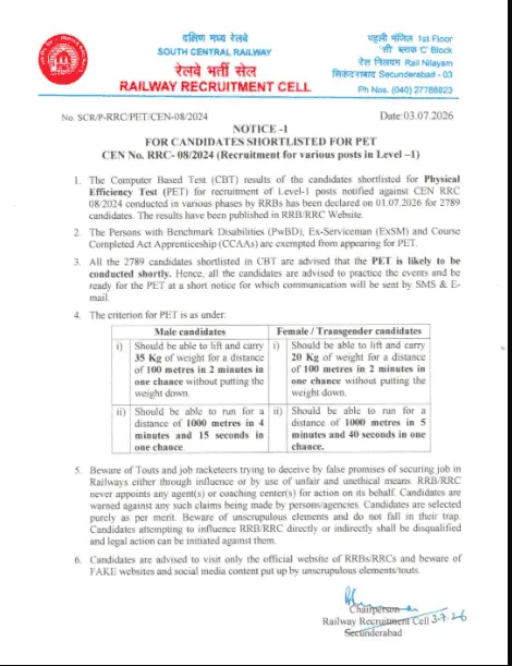 RRC SCR Secunderabad Group-D CEN 08/2024 PET Notice 2026