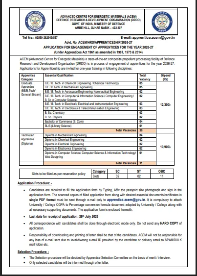 DRDO ACEM Apprentice Recruitment 2026