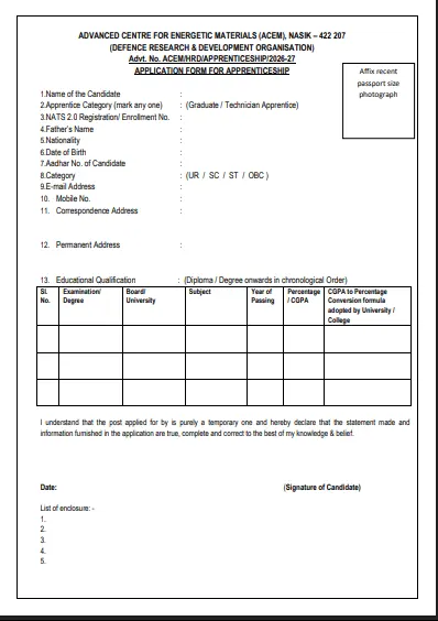 DRDO ACEM Apprentice Recruitment 2026