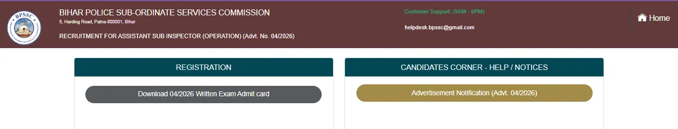 BPSSC ASI Operation Admit Card 2026
