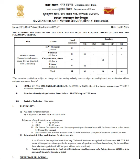 India Post Skilled Artisan Bharti 2026