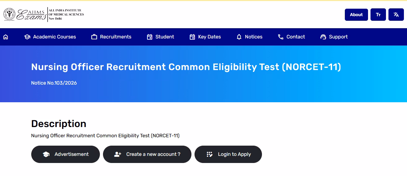 AIIMS NORCET 11 Recruitment 2026