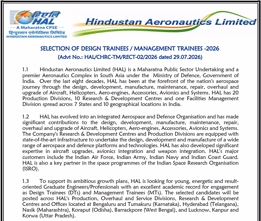 HAL Management Trainee & Design Trainee Recruitment 2026