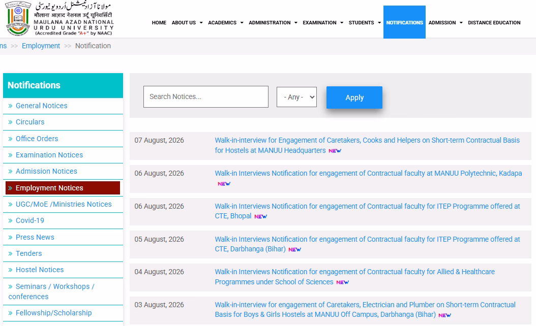 MANUU University Various Post Walk In Interview 2026