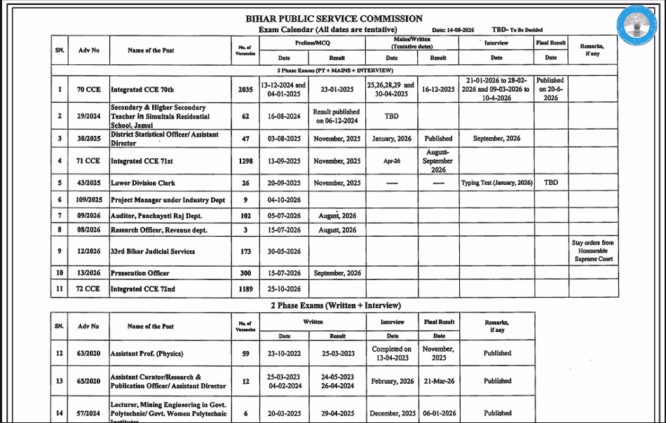 BPSC Exam Calendar 2026